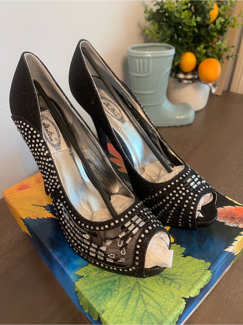 Italina Black Crystal Embellished Peep-Toe Heels